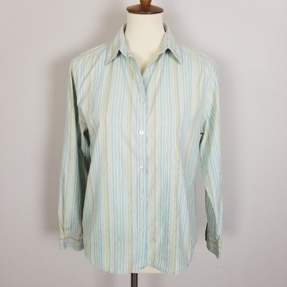 Pendleton Green Blue Multi-Colors Thin Stripe Cotton Button Down Shirt Petite M